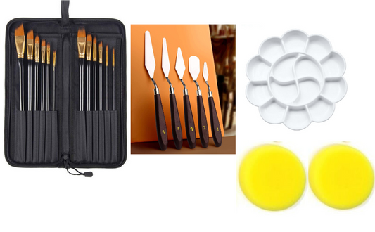 Qatalitic 12 Pcs Long Handle Paint Brush Set, Professional Artist Brush Kits for Painting with 1 Zipper Carry Case, 5 Mixing Painting Spatula, 1 Colour Palette and 2 Sponge