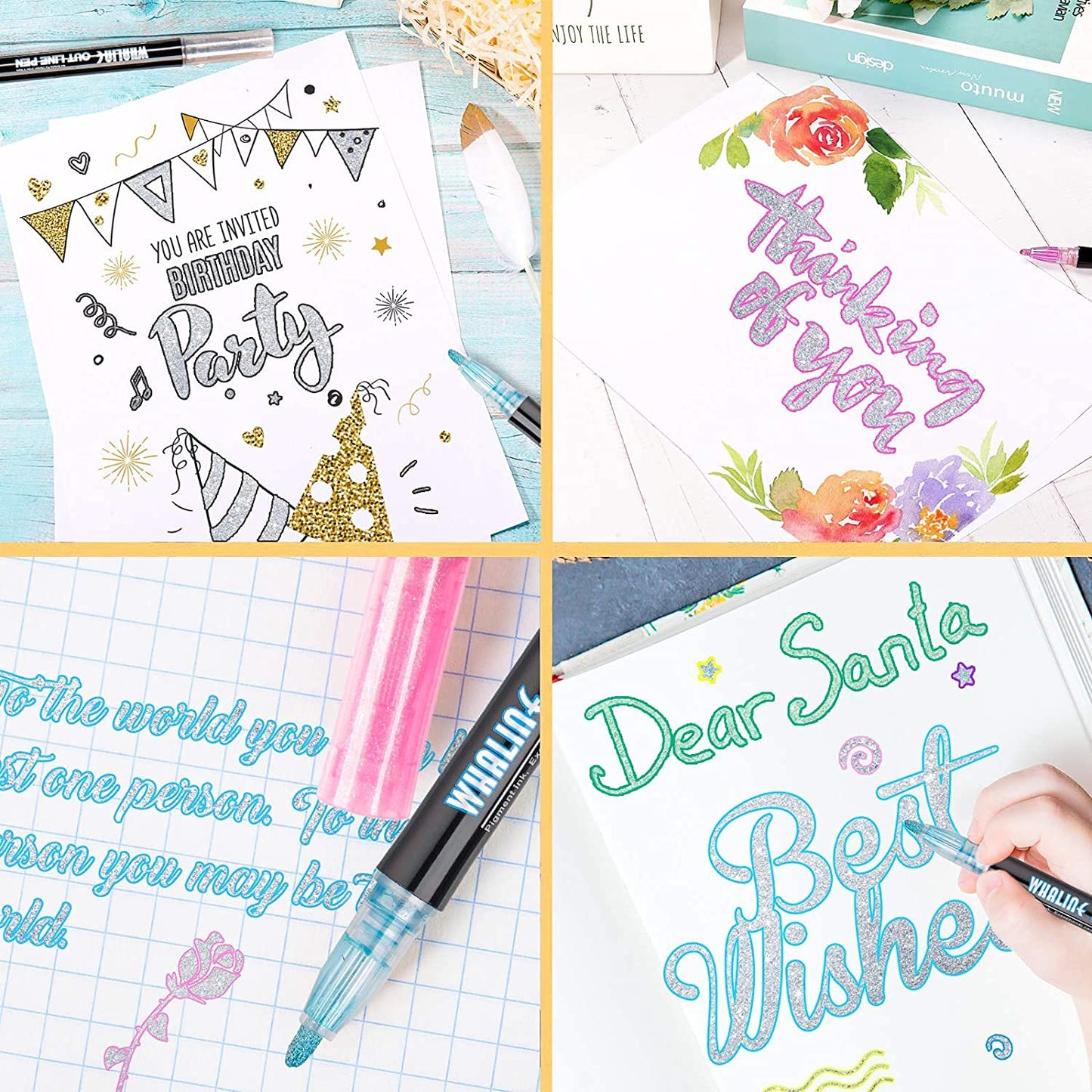 Whaline Double Line Chisel Point Outline Pens, 12 Colors Self-Outline Drawing Metallic Markers, Stationery for Gift Card Writing, Birthday Greeting, Scrap Booking