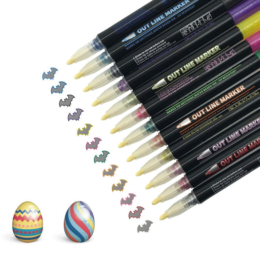 Whaline Double Line Chisel Point Outline Pens, 12 Colors Self-Outline Drawing Metallic Markers, Stationery for Gift Card Writing, Birthday Greeting, Scrap Booking