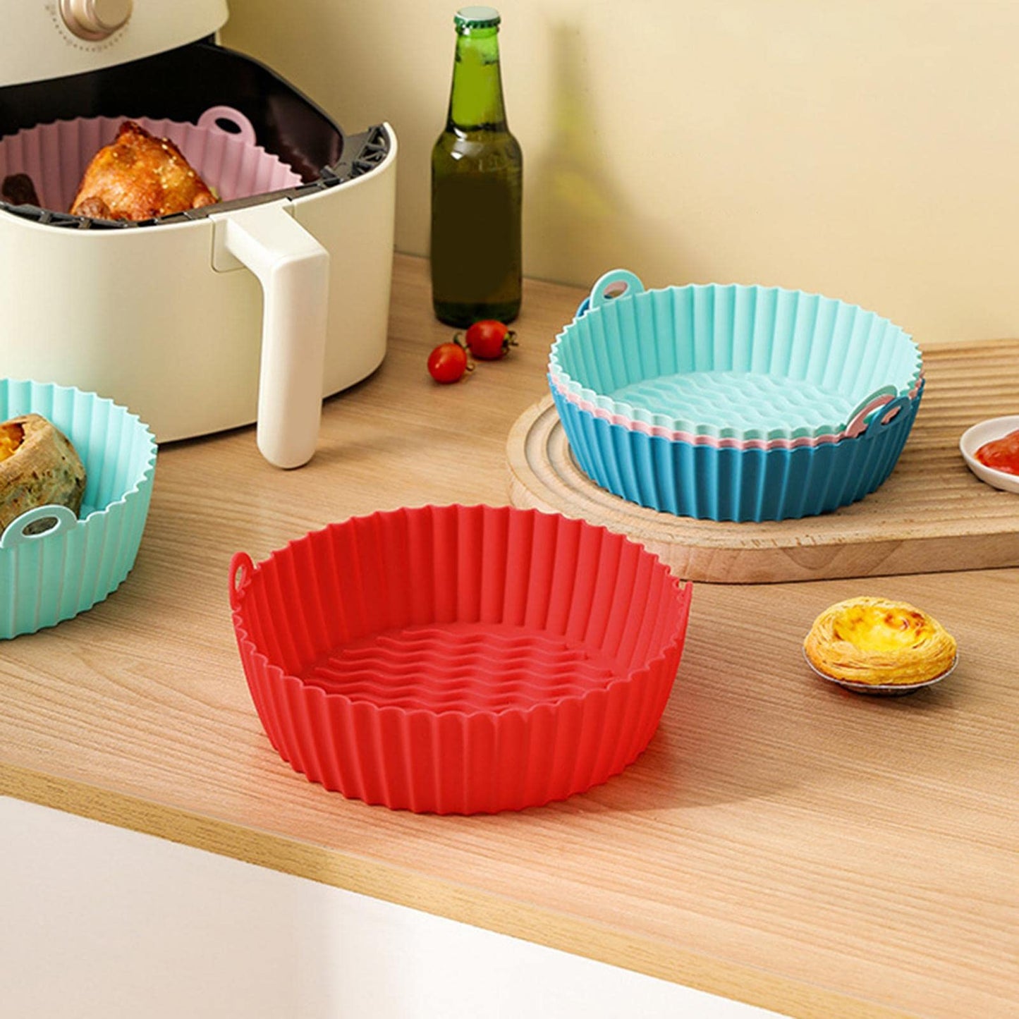 Veriexpress Air Fryer Liners I Round Silicone Basket Baking Tray I Pot with Ear Handles I Nonstick Reusable Heat Resistant I Cooking Oven Insert Accessories - Multicolor (8 inch, Pack of 2)