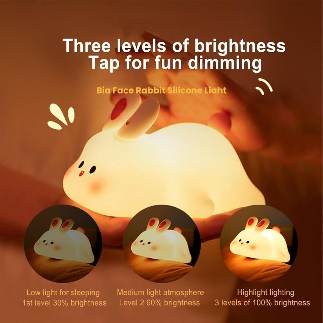 Veriexpress  Big Face Rabbit Night Light for Kids β Cute Silicone Bunny Lamp with 3 Brightness Modes, Rechargeable Battery, BPA-Free Soft Nightlight