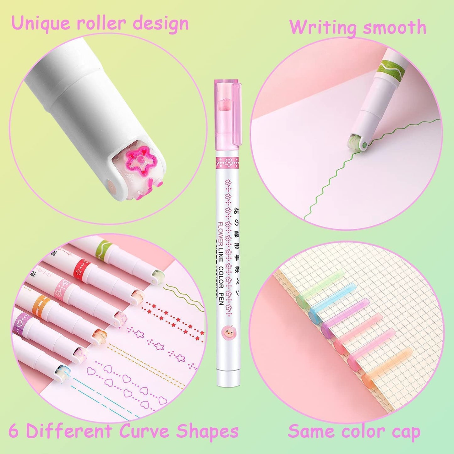 Veriexpress 6 Pcs Curve Highlighter Pen Set, Linear Roller Color Pens, Dual Tip Pens with Fine Tips and 6 Different Curve Shapes, Colorful Pattern, for Writing, Drawing