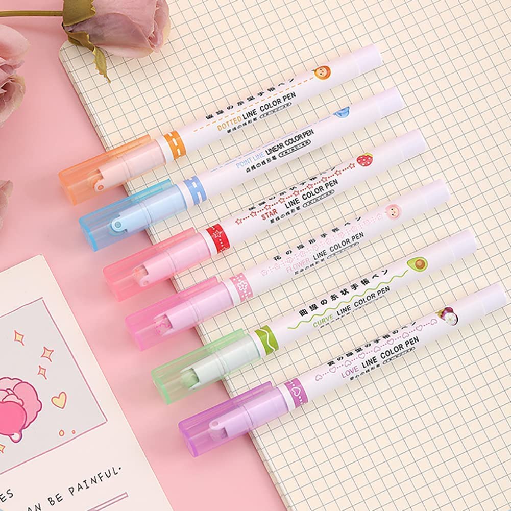 Veriexpress 6 Pcs Curve Highlighter Pen Set, Linear Roller Color Pens, Dual Tip Pens with Fine Tips and 6 Different Curve Shapes, Colorful Pattern, for Writing, Drawing