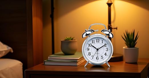 Veriexpress  Table Clock Retro Twin Bell Metal Frame Alarm Clock with Night Backlight Function & Silent Motion, High Volume Bedside Luminous Alarm for Bedroom/Office (Silver Clock) analog