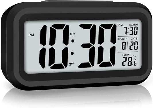Qatalitic Digital Alarm Clock, Table Clock for Students, Home, Office, Corporate with Date,Indoor Temperature,Smart Night Light,LCD Electronic (Black Digital)