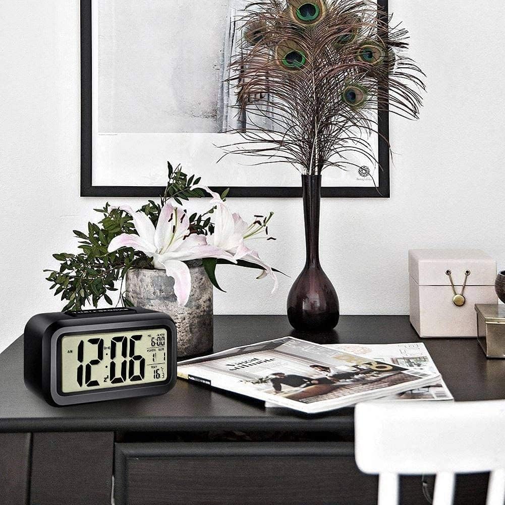 Qatalitic Digital Alarm Clock, Table Clock for Students, Home, Office, Corporate with Date,Indoor Temperature,Smart Night Light,LCD Electronic (Black Digital)