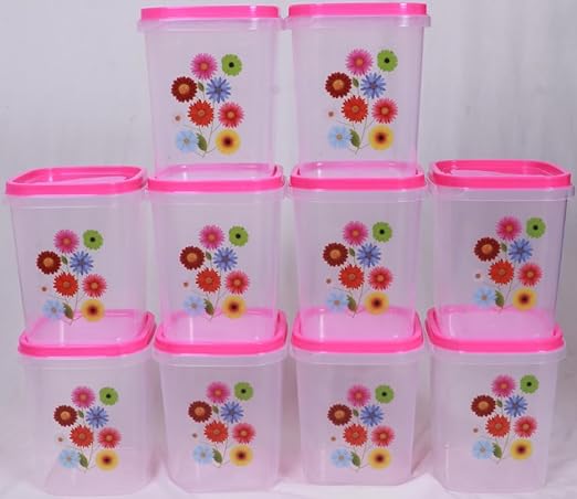 Verixpress Modular Square Plastic Kitchen Container 1000ml (Pack of 10) (Pink)
