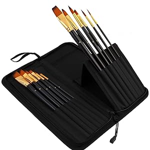 Qatalitic 12 Pcs Long Handle Paint Brush Set, Professional Artist Brush Kits for Painting with 1 Zipper Carry Case, 5 Mixing Painting Spatula, 1 Colour Palette and 2 Sponge