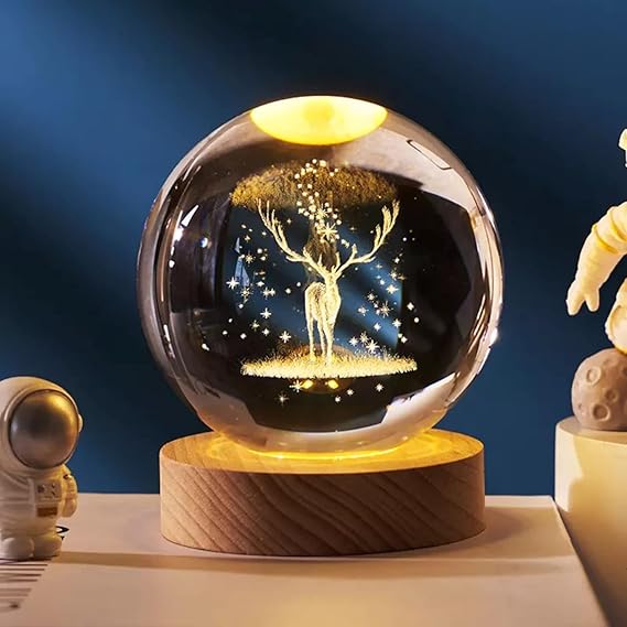 Verixpress Deer 3D Crystal Ball Night Light with Wooden Base - LED USB Table Lamp for Kids, Teens, and Home Decor