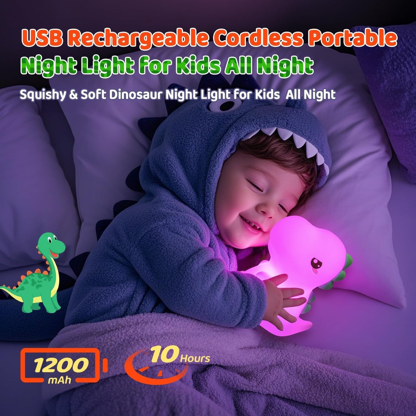 Veriexpress Dino Rechargeable Silicone Night Lamp - Dinosaur Night Lamp, Kids Night Light, Nursery Decor, Birthday Gift, Silicone LED Light