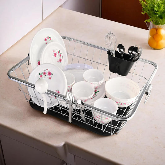 Veriexpress Industries Stainless Steel Dish Rack for Kitchen | Vessels Organizer Stands with Handle | Spoon Holder & Draining Tray Included | 17x22 Inch
