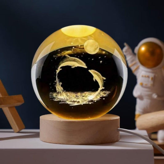 Verixpress 3D Crystal Ball Night Light Lamp with Dolphin Design Night LED Lamp with Wooden Base for Kids Room, Bedroom Home Decor, Office, Birthday Gift...
