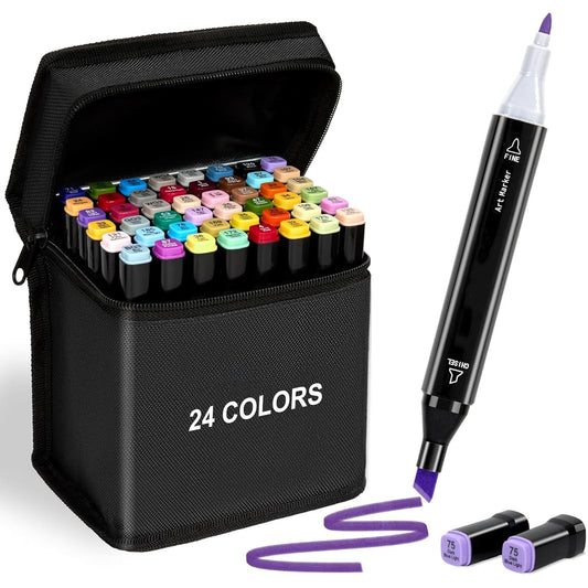 Qatalitic 24 Pcs Dual Tip Colourful Art Markers with Carrying Case, Twin Head Fine and Chisel Permanent Colouring Marker, For Sketching, Calligraphy, Illustration