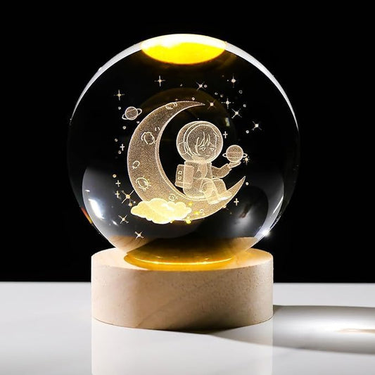 Verixpress 3D Moon Astronaut Crystal Ball Night Light with Wooden Base - LED USB Table Lamp for Kids, Teens, and Home Decor