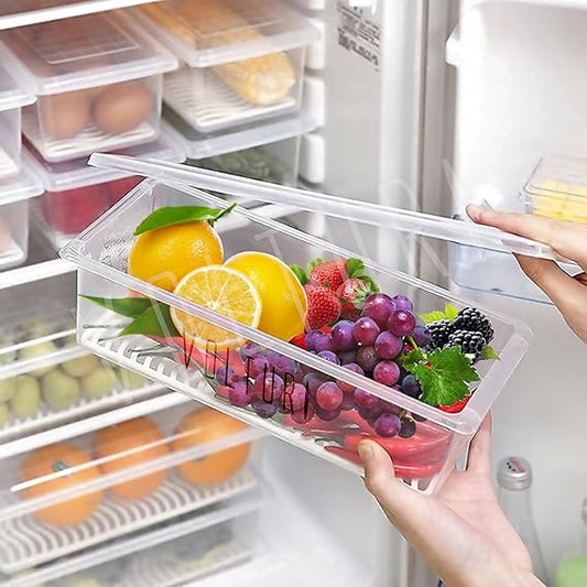 Verixpress Fridge Storage Containers (Pack of 6), Fridge Organiser Storage Boxes with Removable Drain Plate, Lids, Stackable Organizer, Fridge Storage Box Keep Fruits, Vegetables Fresher