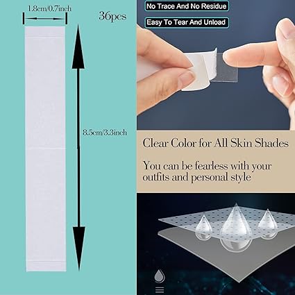 36 Strips Double Sided Tape for Fashion, Clothing and Body Tape | All Day Strength Invisible Dress Tape for women | Gentle to stick on Skin and clothes | Transparent (36 Strips)