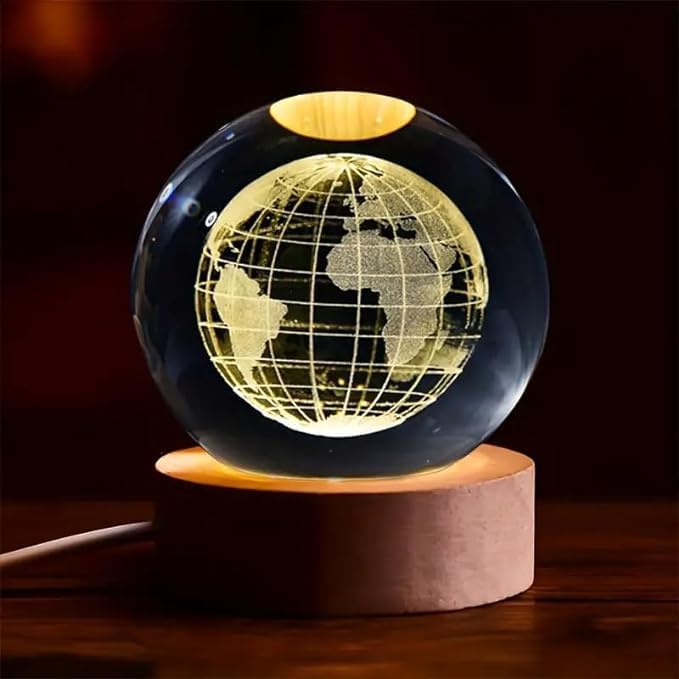 Verixpress 3D Globe Crystal Ball Night Light with Wooden Base - LED USB Table Lamp for Kids, Teens, and Home Decor