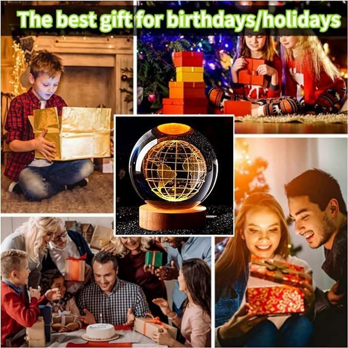 Verixpress 3D Globe Crystal Ball Night Light with Wooden Base - LED USB Table Lamp for Kids, Teens, and Home Decor