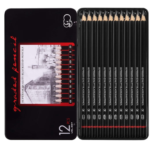 Qatalitic 12 Pcs Artist Sketch Pencils, Graphite Pencil Set, with Metal Case for Sketching, Drawing, and Shading (2H, H, F, HB, B, 2B, 3B, 4B, 5B, 6B, 7B, 8B)