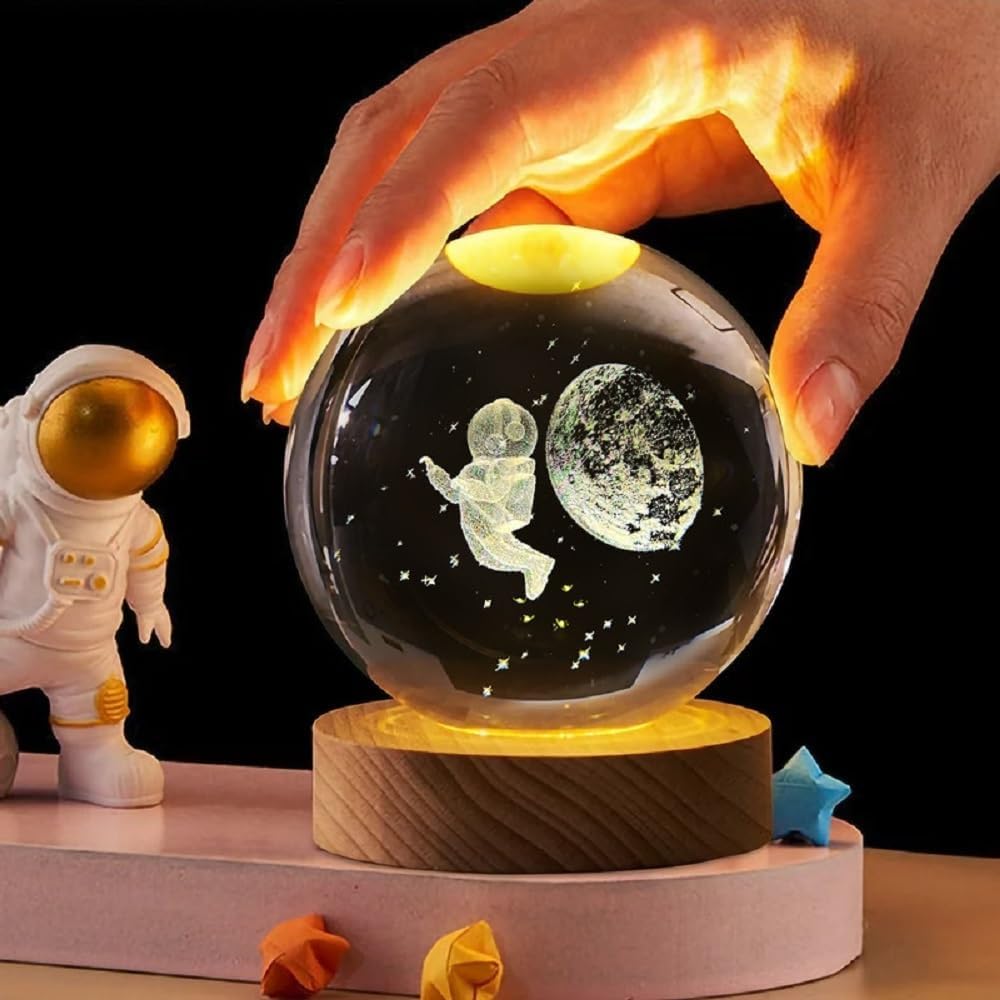 Verixpress 3D Crystal Ball Night Light Space Astronaut Half Moon with LED Wooden Stand, Room Decor Glass Sphere Lamp Night Light Gifts for Women Men Dad Mom Kids