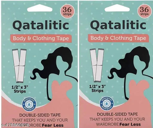Qatalitic Double Sided Tape 72 Strips Pack For Fashion, Clothing and Body, Fabric Tape for Women, Gentle to stick on Skin and Clothes - Transparent, All Day Strength Tape Adhesive