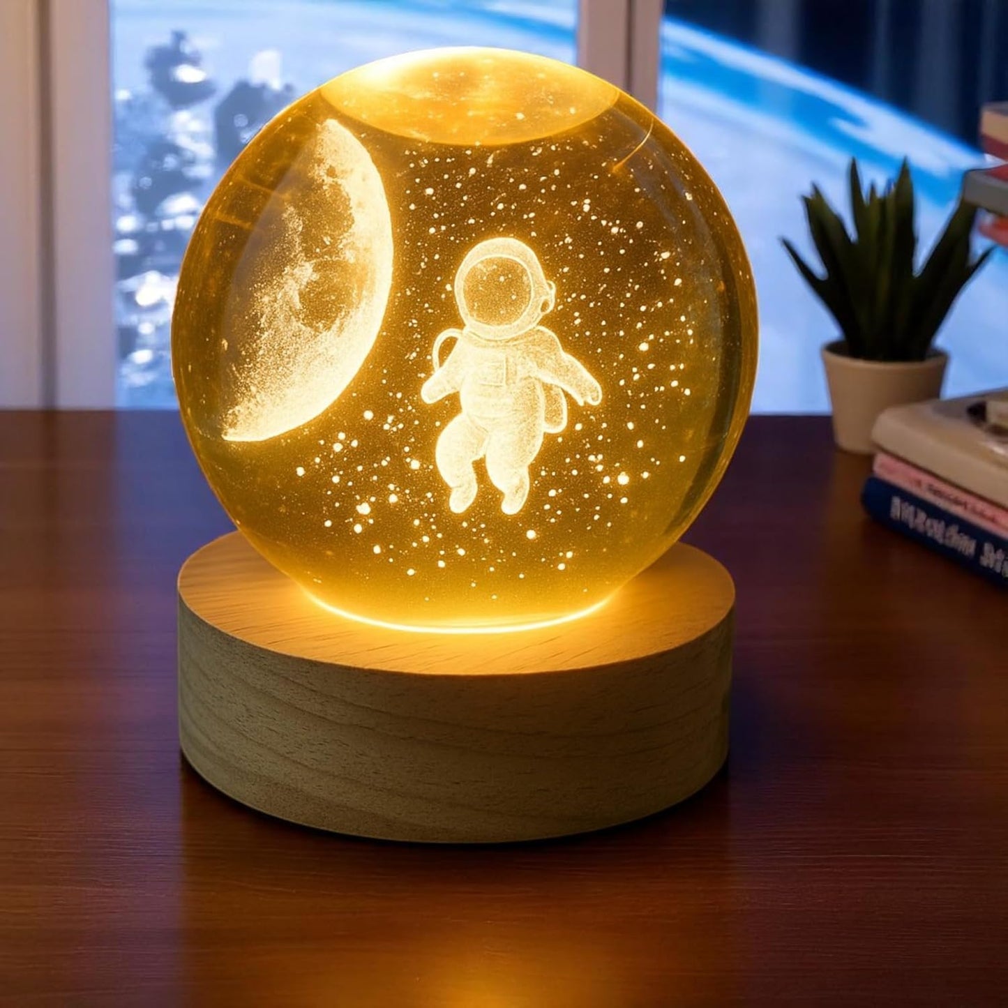 Verixpress 3D Crystal Ball Night Light Space Astronaut Half Moon with LED Wooden Stand, Room Decor Glass Sphere Lamp Night Light Gifts for Women Men Dad Mom Kids