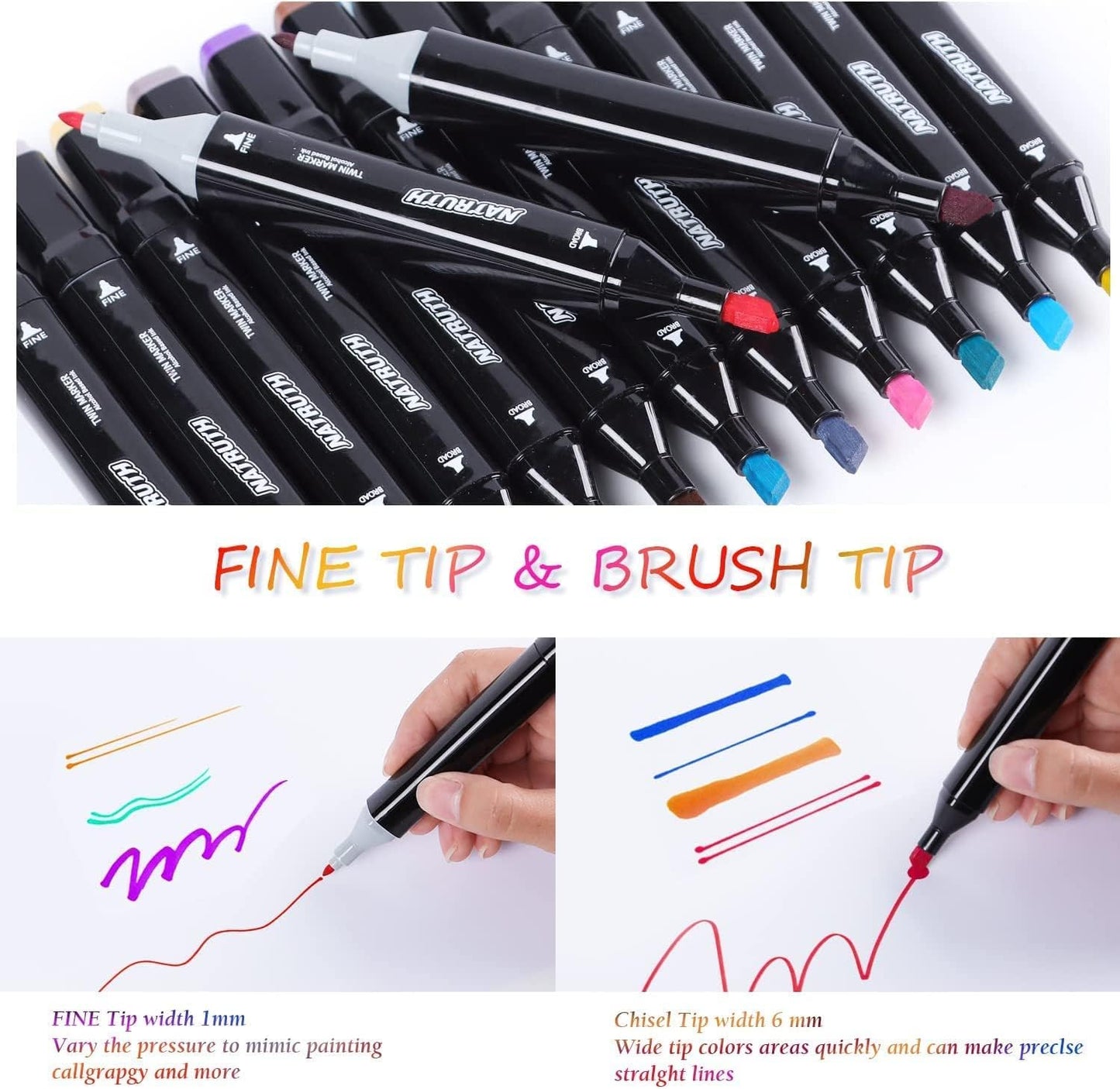 Qatalitic 24 Pcs Dual Tip Colourful Art Markers with Carrying Case, Twin Head Fine and Chisel Permanent Colouring Marker, For Sketching, Calligraphy, Illustration