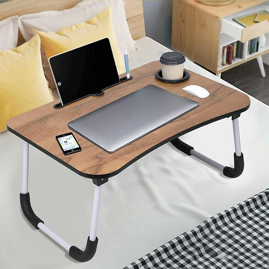 Qatalitic Wooden Foldable Laptop Table, Multi-Purpose Laptop Desk for Study and Reading, Non-Slip Legs Reading Table Tray & Lapdesk with Cup Holder for Bed Sofa Couch Floor - (Brown)