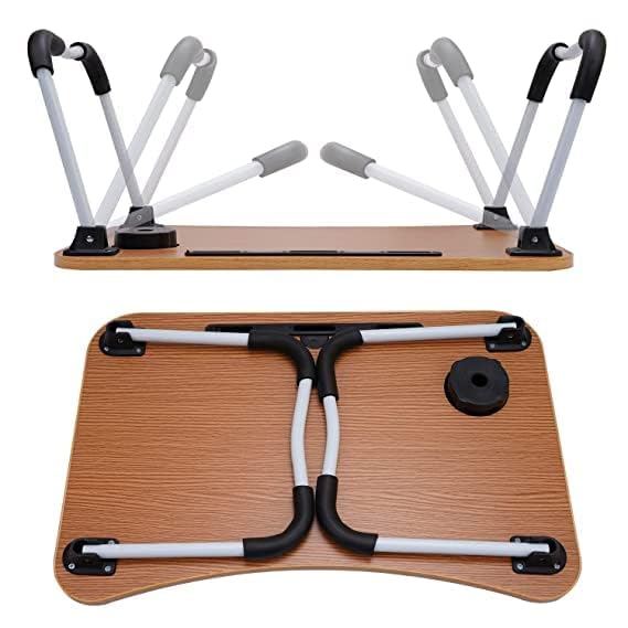 Qatalitic Wooden Foldable Laptop Table, Multi-Purpose Laptop Desk for Study and Reading, Non-Slip Legs Reading Table Tray & Lapdesk with Cup Holder for Bed Sofa Couch Floor - (Brown)