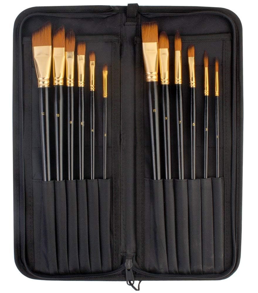 Qatalitic Set of 12 Professional & Exclusive Fine Art Long Handled Premium Paint Brush Set & Zippered Carry Bag with Pop Up Stands for Oil Acrylic Watercolor Painting