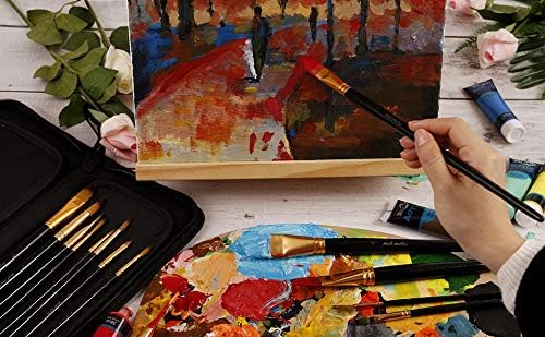 Qatalitic Set of 12 Professional & Exclusive Fine Art Long Handled Premium Paint Brush Set & Zippered Carry Bag with Pop Up Stands for Oil Acrylic Watercolor Painting