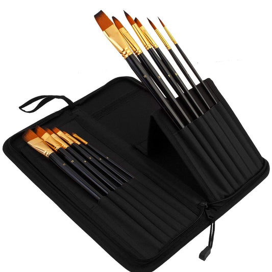 Qatalitic Set of 12 Professional & Exclusive Fine Art Long Handled Premium Paint Brush Set & Zippered Carry Bag with Pop Up Stands for Oil Acrylic Watercolor Painting