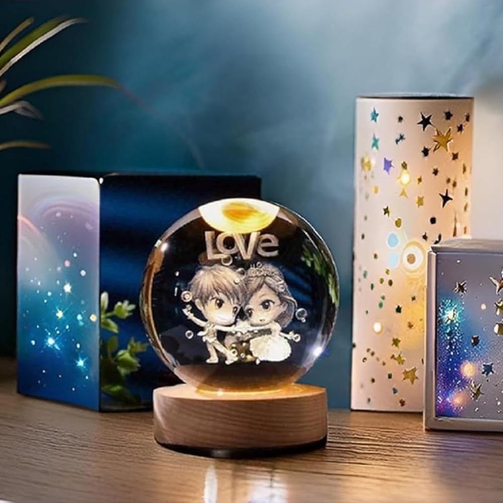 Verixpress Love 3D Crystal Ball Night Light with LED Wooden Stand, Room Decor Glass Sphere Light for Home Decoration Gifts for Women Men Dad Mom Kids Girlfriend