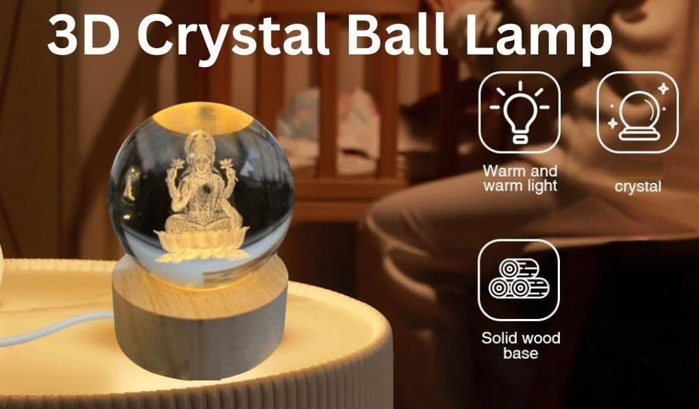 Verixpress Goddess Laxmi Ji Crystal Ball Night Light 2.4 Inch Glass Ball Night LED Lamp with Woodern Base Perfect for Gift | Corded Electric Table Night Light