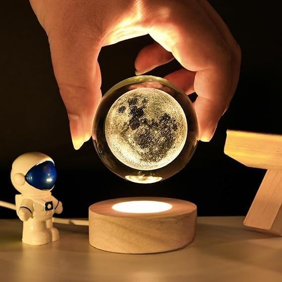 Verixpress Moon Crystal Ball Night Light,2.4 Inch Glass Ball Night LED Lamp with Woodern Base,Decorations Gifts for Men,Women,Kids,Boys,Girls,Teens
