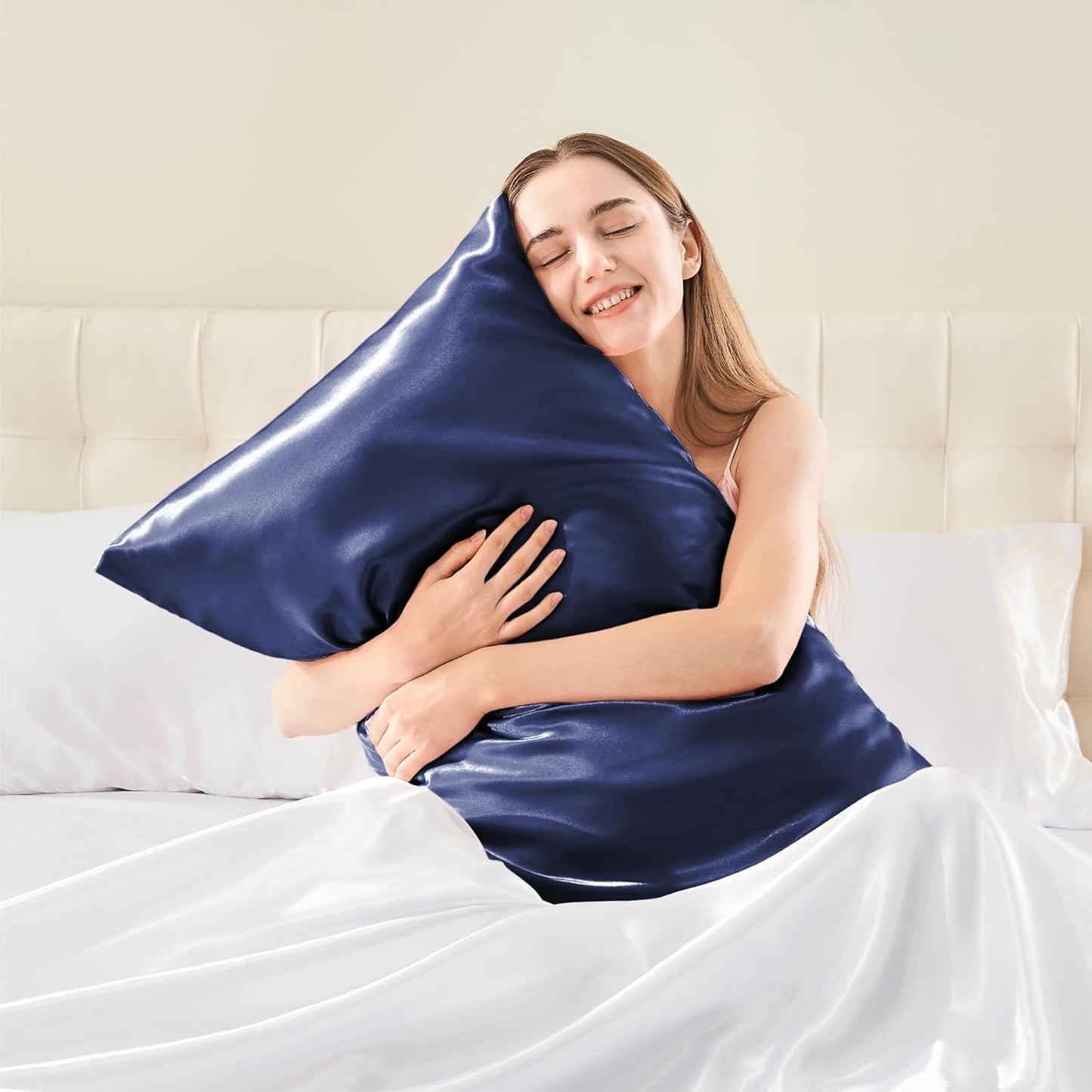 Verixpress Satin Silk Pillow Covers Pack of 2 for Hair and Skin-with Satin Scrunchies for Women|Satin Pillow Cover for Hair and Skin|scrunchies for Women 3-Piece|Silk Pillow case(Nevyblue)