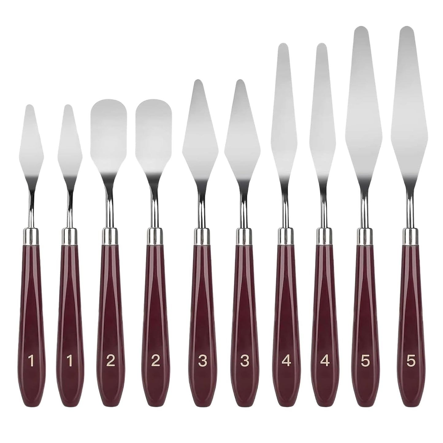 Veriexprees  Set of 10 Palette Painting Knives of Various Sizes & Shapes, Stainless Steel Scraper Spatula Polished Brown Handle for Artist Canvas Oil Paint Color Mixing