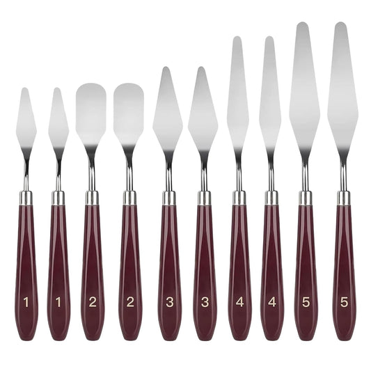 Veriexprees  Set of 10 Palette Painting Knives of Various Sizes & Shapes, Stainless Steel Scraper Spatula Polished Brown Handle for Artist Canvas Oil Paint Color Mixing