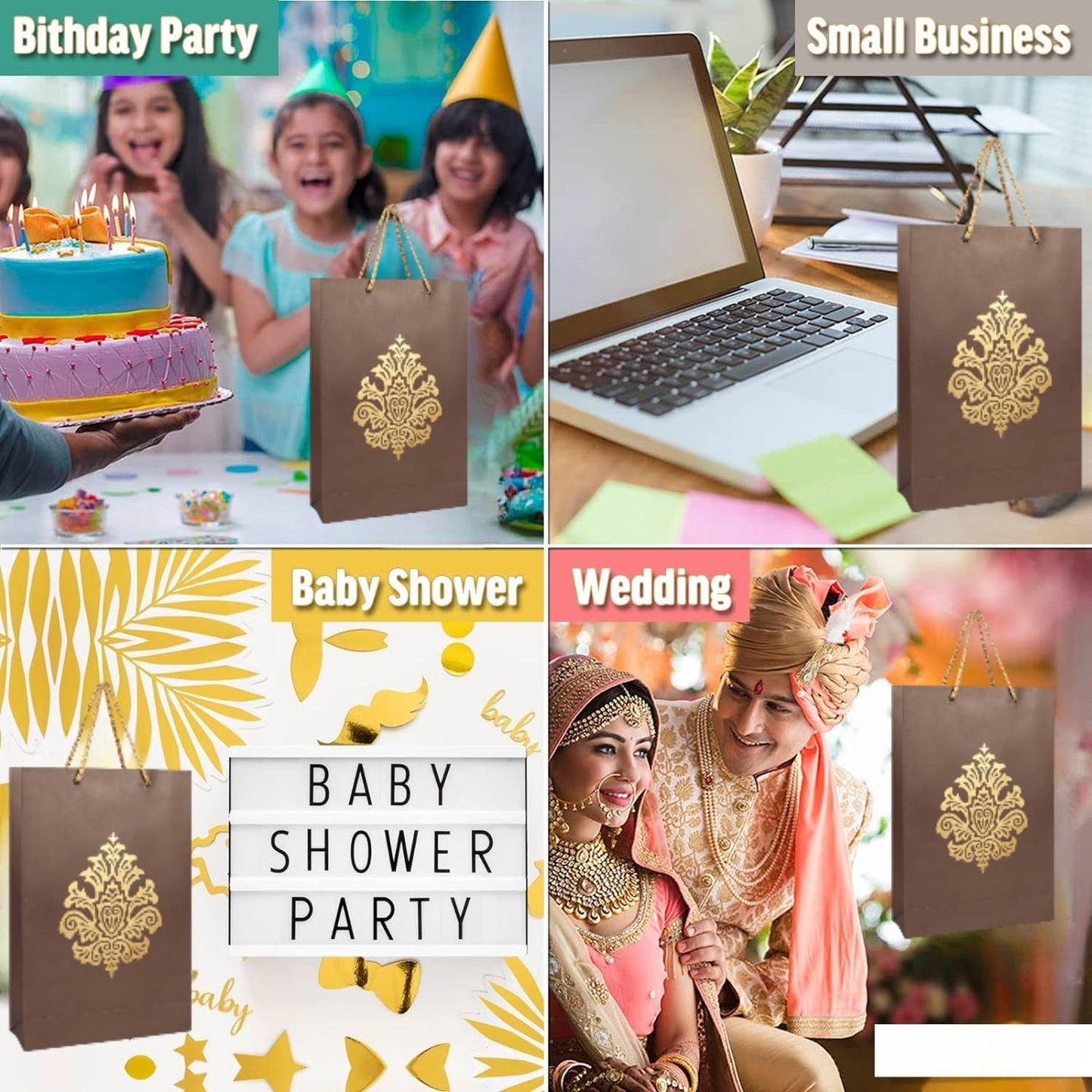 Qatalitic Designer Gift Paper Bags (Pack of 5), Goodie Bags for Return Gifts, Carry Bags for Presents, Weddings, Birthday, and Corporate Events, 200 GSM Thickness (Pattern 3, 13 x 8.8 x 3 inches)
