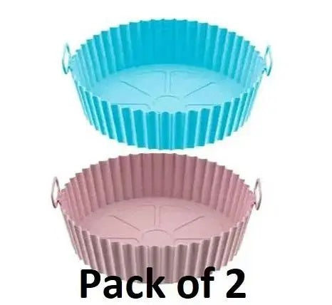 Veriexpress Air Fryer Liners I Round Silicone Basket Baking Tray I Pot with Ear Handles I Nonstick Reusable Heat Resistant I Cooking Oven Insert Accessories - Multicolor (8 inch, Pack of 2)