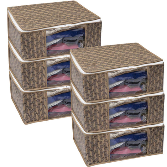 Verixpress Set of 6 Non-Woven Printed Saree Cover/Cloth Storage/Organizer with Transparent Window (Beige)