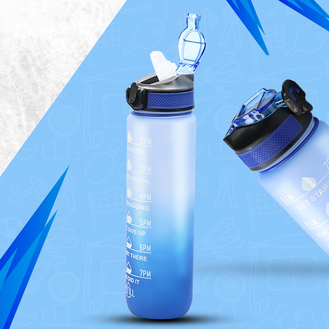 Veriexprees sipper bottle Motivational 1 Liter Quotes & Time Marker Dual Colour Sports Plastic Bottle BPA Free, Leak Proof Sipper Bottle for Gym, Office, Workout-Dark Blue Sky Blue