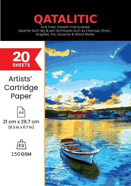 Qatalitic Cartridge A4 White Sketch Paper 150 GSM Set of 20sheets, for Artists, Ideal for Charcoal, Graphite, Acrylic, Watercolor, Gouache, Ink, & Other Mixed Media