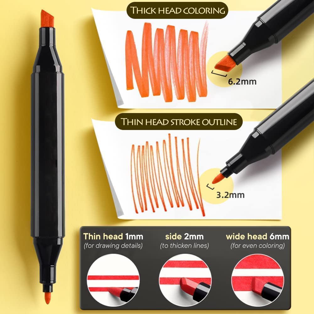 Qatalitic 24 Pcs Dual Tip Colourful Art Markers with Carrying Case, Twin Head Fine and Chisel Permanent Colouring Marker, For Sketching, Calligraphy, Illustration
