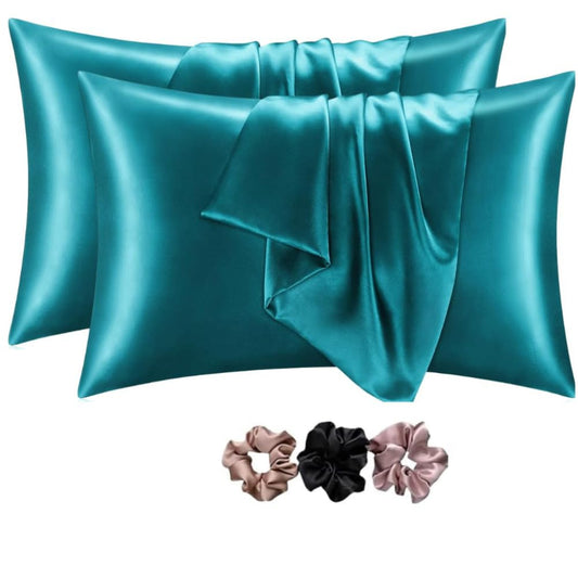 Verixpress Satin Silk Pillow Covers Pack of 2 for Hair and Skin-with Satin Scrunchies for Women Stylish|Satin Pillow Cover for Hair and Skin |scrunchies for Women 3-Piece|Silk Pillow case  (turqoise blue)
