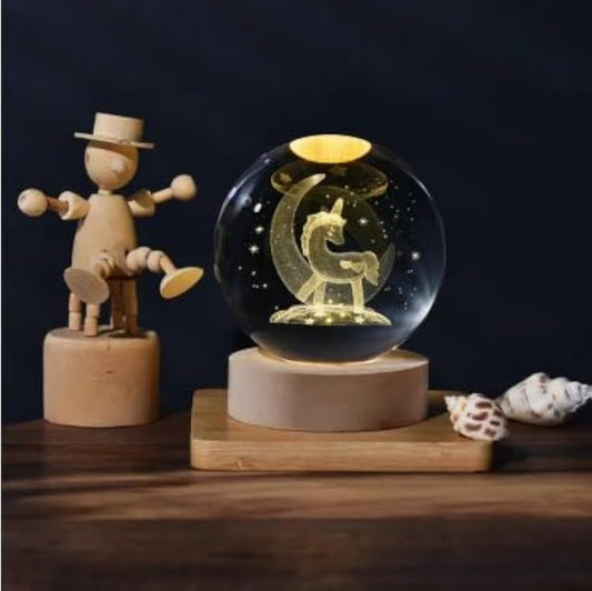 Verixpress 3D Unicorn Crystal Ball Night Light with Wooden Base - LED USB Table Lamp for Kids, Teens, and Home Decor