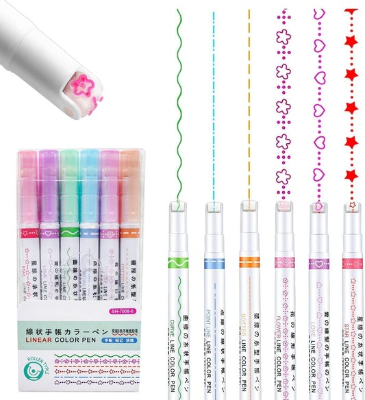 Veriexpress 6 Pcs Curve Highlighter Pen Set, Linear Roller Color Pens, Dual Tip Pens with Fine Tips and 6 Different Curve Shapes, Colorful Pattern, for Writing, Drawing