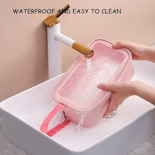 Verixpress Wash Bag Pouch for Travel Kit Toiletry Bag Cosmetic Bag Make Up Box for Brushes, Accessories with Handle, Large Capacity Translucent Waterproof Travel Storage Organizer Set of 3 (Pink)