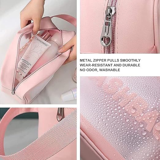 Verixpress Wash Bag Pouch for Travel Kit Toiletry Bag Cosmetic Bag Make Up Box for Brushes, Accessories with Handle, Large Capacity Translucent Waterproof Travel Storage Organizer Set of 3 (Pink)