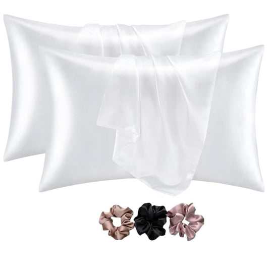 Verixpress Satin Silk Pillow Covers Pack of 2 for Hair and Skin-with Satin Scrunchies for Women Stylish|Satin Pillow Cover for Hair and Skin|scrunchies for Women 3-Piece|Silk Pillow case(White)